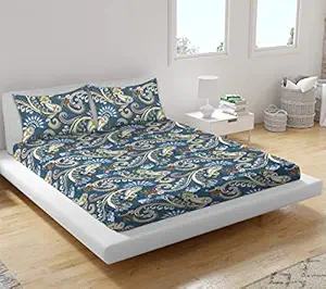 JAW Beautiful 188TC Glace Cotton Feel One Double Bed GC Bedsheet with Two Pillow Covers - Bedsheet for Double Bed (72 X 72 (Queen Double), Elastic Fitted, Blue Traditional)