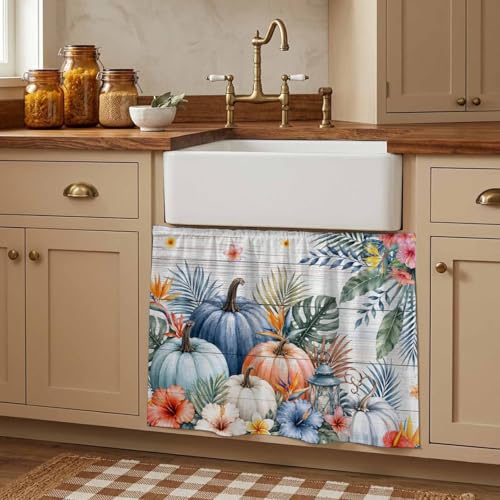 Kitchen Cabinet Curtains Tropical Pumpkins Plants Sink Skirt for Bathroom Fall Palm Leaves Flower Wood Grain Dishwasher Curtain Cover Under Desk Curtain Skirt Drape for Classroom Laundry 28"x35" - Image 6
