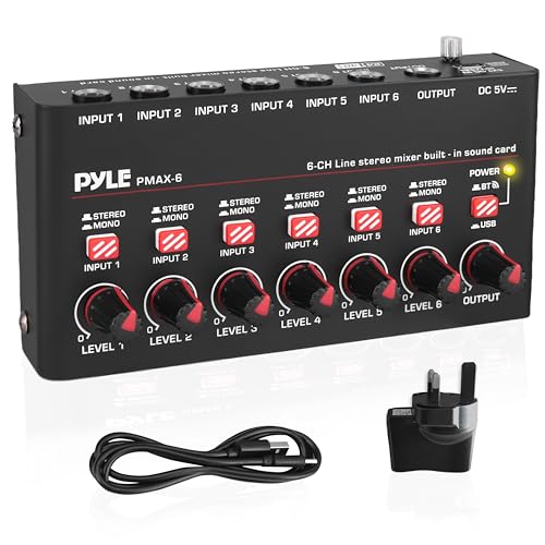Pyle 6 Channel Audio Mixer with Bluetooth & USB – Compact Sound Mixer for Podcasting, Streaming, Karaoke, Gaming & Home Studio, Plug & Play Multi-Source Audio Control