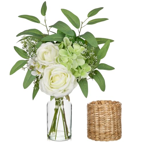 Hollyone Artificial Flowers in Glass Vase with Rattan Sleeve, 40CM Fake Hydrangeas Roses White Floral Arrangements for Decorations, Faux Flowers for Graves, Home Decor, Living Room, Bathroom