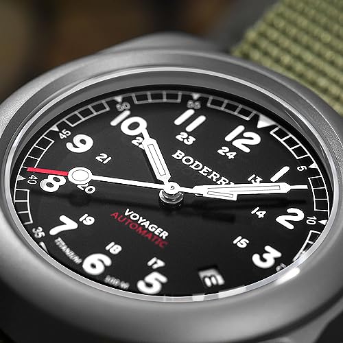 Image of BODERRY Men's Watch Titanium Automatic Field Watch 40mm Military Watch Day Date Function 100M Waterproof with Nylon Strap Japanese Mechanical Movement & Screw Down Crown-Voyager