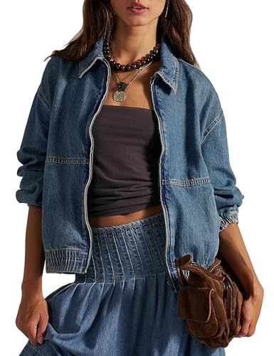 Womens Denim Jackets Long Sleeve Zip Up Elastic Hem Classic Loose Jean Bomber Jacket Outfit