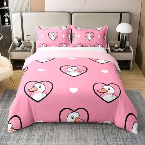 Cartoon Duck 100% Cotton Duvet Cover for Kids Boys Girls,Pink White Love Heart Bedding Set Full,Cute Hand Drawn Duck Comforter Cover,Lovely Farmhouse Animal Bed Sets with 2 Pillowcases Bedroom Decor