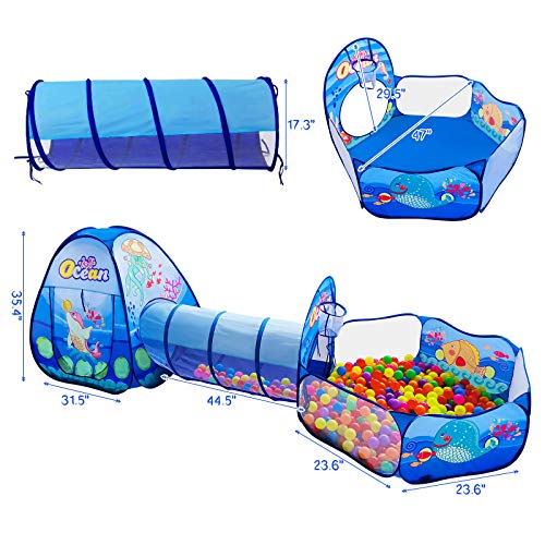 Image of PigPigPen 3 in 1 Kids Play Tent with Tunnel, Ball Pit, Basketball Hoop for Boys & Girls, Toddler Pop Up Playhouse Toy Baby Indoor /Outdoor, Gift Year Old Child (3 Tent)
