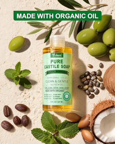 Image of Yoken EWG Peppermint Castile Soap Liquid 8oz, Travel Size with Organic Oils