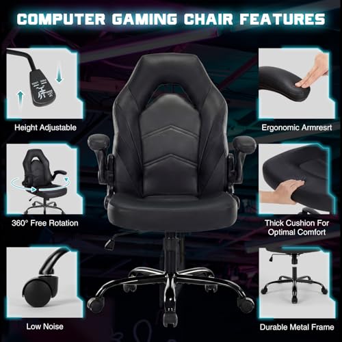 Image of Sweetcrispy Computer Gaming Desk Chair: Big Tall Ergonomic Lumbar Support with Flip-up Armrest and 360 Swivel Wheels, PU Leather Height Adjustable, for Home and Office, Black
