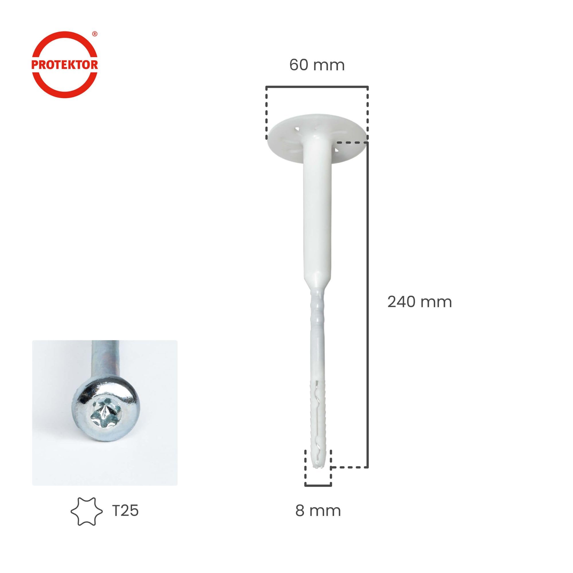 PROTEKTOR 100x Tacos roscados para aislamiento, premontados Ø8 x 240mm | Plástico, taco SATE para aislamiento de fachada, premontado con tornillo de acero galvanizado