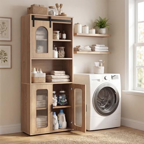 Image of Tangkula 59 inch Tall Bathroom Floor Cabinet, Freestanding Storage Cabinet with Sliding Barn Door & Open Shelves, Farmhouse Bathroom Storage for Kitchen, Living Room, Dining Room (Natural, 59 inch H)