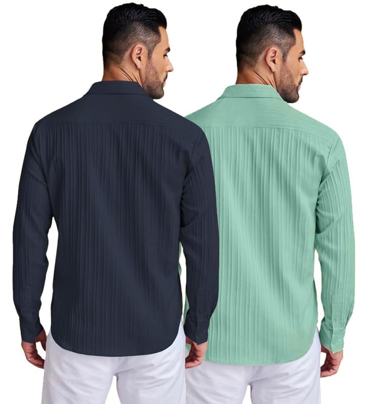 Image of DEELMO Combo of Men's Casual Button Down Shirts Long Sleeve Linen Shirt Fashion Textured Summer Shirts Pack of 2