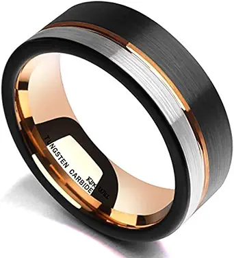 King Will LOOP Mens Women Tungsten Carbide Wedding Band 6mm/8mm Rose Gold Line Ring Black Silver Blue Brushed Gold Groove Tungsten rings Comfort Fit