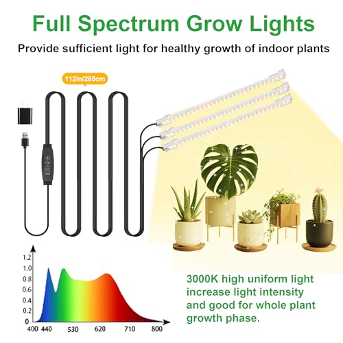 Image of 10.2'' 3 Head Grow Light Strips, LED Grow Lamps for Indoor Plants, Full Spectrum 3000K, Plant Light with 3 /9 /12H Timer, 10 Dimmable Levels for Seedling Succulent, Match for Plant Shelf