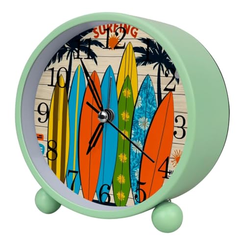 Luoweisi Reloj despertador con tabla de surf, silencioso, sin tictac, con luz nocturna, reloj despertador redondo de metal para oficina, funciona con pilas, dormitorio, ancianos, adultos, niños