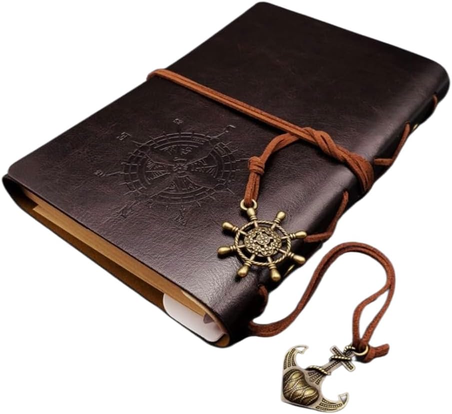 Senon Retro Vintage Pusula Baskılı Çapa Ve Dümen Kolye Uçlu Deri Kapaklı Günlük Not Defteri Denizci Defter Özel Tasarım Hediyelik Siyah