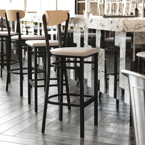 Image of Flash Furniture Wright Commercial Barstool - Natural Birch Finish Wood Boomerang Back - Gray Vinyl Seat - 500 LB. Capacity Black Steel Frame - Integrated Footrest