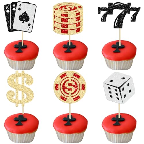 Ephlyn 24Pcs Poker Theme Party Decorations Poker Heart Cupcake Toppers Las Vegas Cake Decorations Playing Card Toothpicks Fruit Food Picks Birthday Party