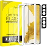 JETech Protection D'écran pour Samsung Galaxy S22 5G avec Protection d'Objectif de Caméra Arrière, Outil d'Installation, Film en Verre Trempé, Compatible ID d'Empreinte Digitale, 2 Pièces Chacun