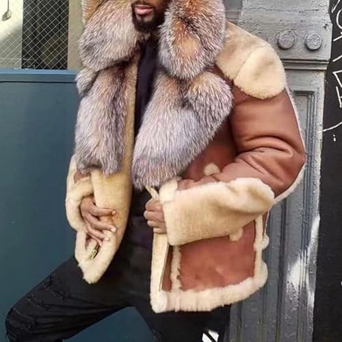 Men's Fox Fur Faux Coat Male Winter Faux Fur Collar Outwear Men Sherpa Lined Faux Leather Jacket3