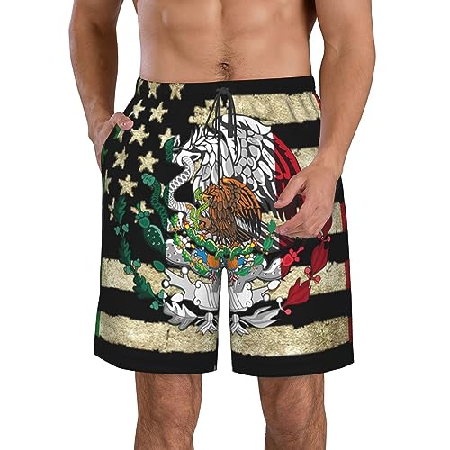 America Flag and Mexican Mexico Flag Mens Swim Trunks Quick Dry Summer Beach Shorts