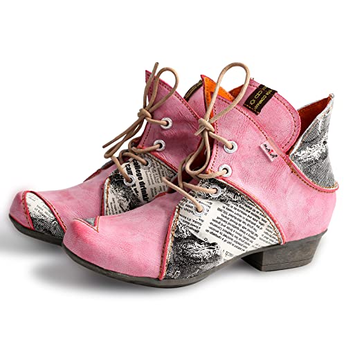 TMA EYES Lace Up Newspaper Print Leather Women's Ankle Boots2