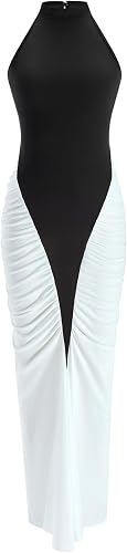 winkbay Women's Color Block Halter Fitted Fishtail Bodycon Maxi Dresses