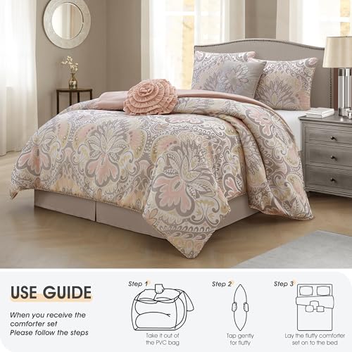 LANCO MODERN LIFESTYLE Blush 6 Piece Comforter Set, Queen, Elegant Floral Jacquard, Ultra Soft Bed Set for All Seasons, Bed in a Bag, Include Comforter, Bed Skirt, Pillow Shams & Decor Pillows by LANCO MODERN LIFESTYLE - Used condition - Image 6