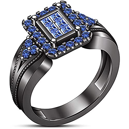 Princess & Round Cut Created Blue Sapphire His & Hers 3-pcs Engagement Ring Band Set 925 Sterling Silver 14K Black Gold Plated3