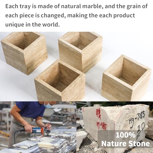 Natural Stone Makeup Brush Holder for Vanity, Marble Toothbrush Holder for Bathroom, Luxurious Countertop Organizer, Travertine Bathroom Accessories Beige Square