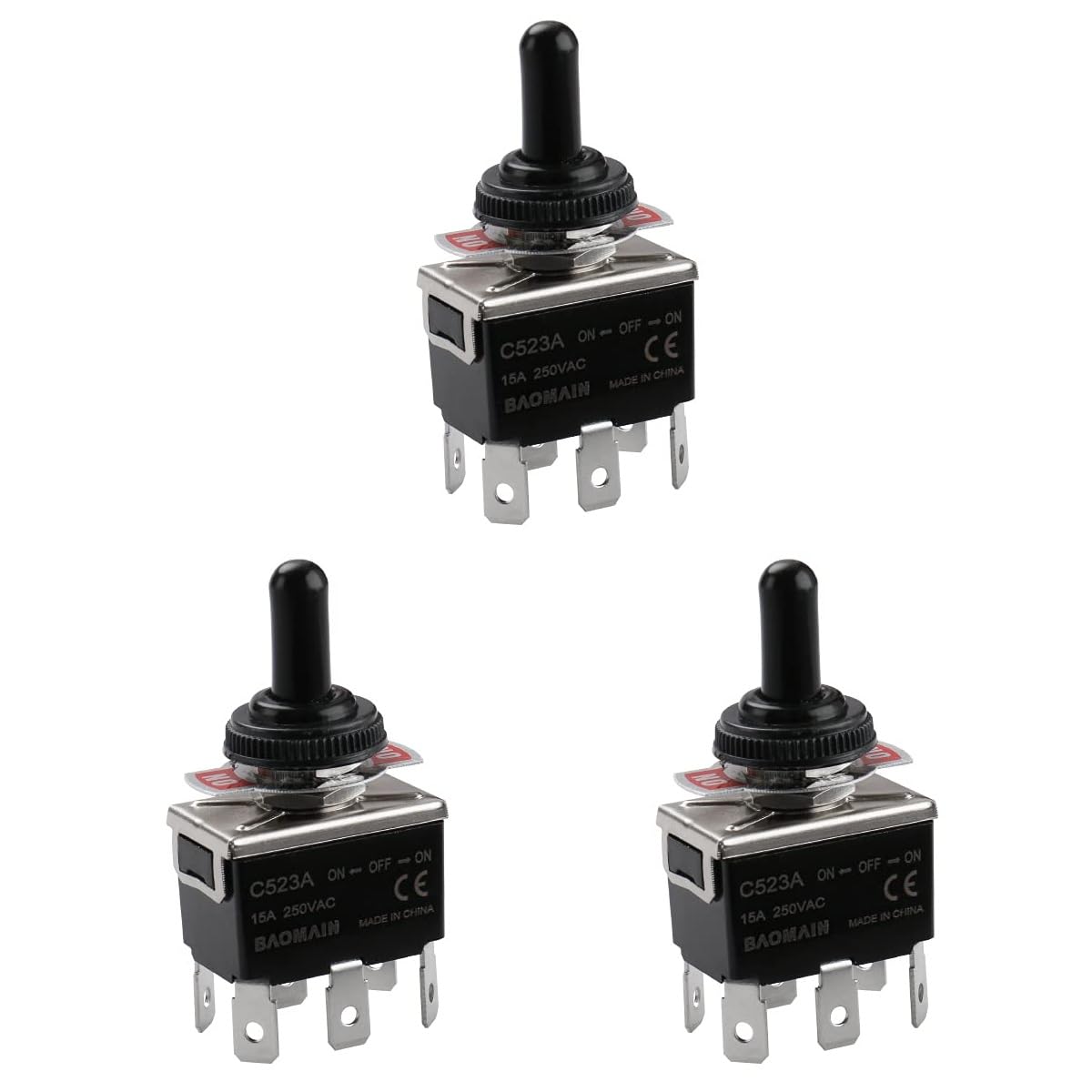 Baomain 3-Pack Toggle Switch DPDT NO-Off-ON 3 Positions 250VAC 15A with Waterproof Cap