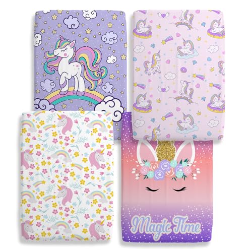 Image of 4 Pack Unicorn Baby Girl Crib Sheet Set, Rainbow Soft Breathable Fitted Pink Purple Crib Sheet, Cute Princess Nursery Decor for Standard Crib and Toddler Bed Mattresses 28 x 52 in