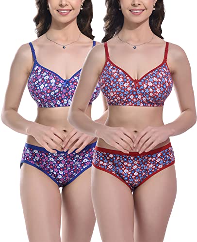 Image of FIMS - Fashion is my style Women Cotton Blend Floral Print Padded Non-Wired Bra Panty Set Full Coverage Lingerie Set Multicolor See Main Image to Check How Many Sets You Will Get