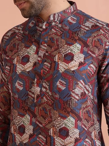 Kisah Men Berry Ethnic Motifs Printed Mandarin Collar Straight Kurta Full Sleaves, Knee Length, Straight, Regular Fit, Mandarin Collar Ethnic Wear