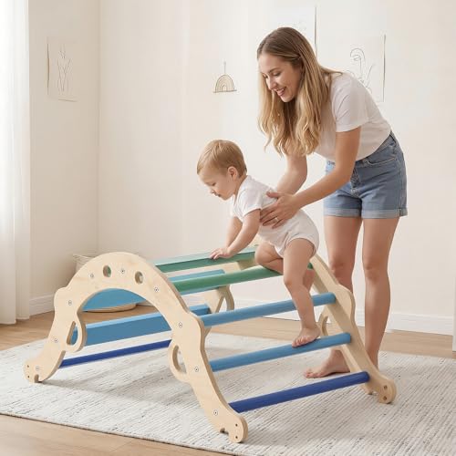 VEVOR Pikler Triangle Set, 9-in-1 Toddler Climbing Toys Indoor, with 2 Wooden Cars, Cushion, Triangle, Arch, and Ramp, 150 lbs Load, Foldable Montessori Climbing Set for Toddlers and Kids, Blue by VEVOR - Image 2