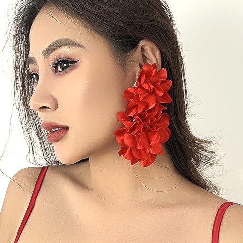 Large Red Flower Earrings for Women Exaggerated Flower Drop Dangle Earrings Fabric Floral Statement Earrings Trendy Party Wedding Jewelry Accessory2