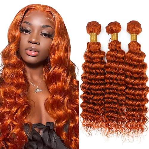 Fridnae Ginger & Orange 350 Deep Wave Human Hair Bundles, 16-20 Inch, 3 Bundles, 300g Total, Remy Hair Extensions