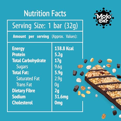 Image of Mojo Bar Energy Bars Choco Peant Butter + 5gm Protein | 100% Whole Grains, Nut & Fruit | High Energy & Granola Bars | 5g Protein Snack | Pack of 6 x 32g Energy Bars | Gluten Free & No Preservatives