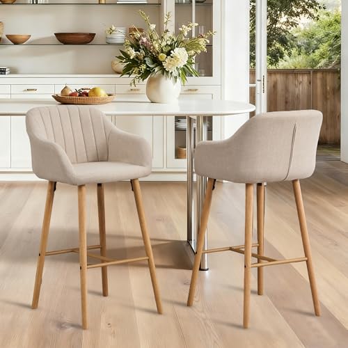 Modern Tall Bar Stools Set of 2 with Linen Upholstery