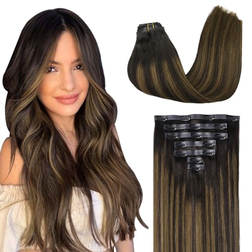 Image of GOO GOO Clip in Hair Extensions Real Human Hair, Remy Human Hair Extensions Clip ins for Women, Natural Human Hair, 18inch 110g 7Pcs, 2 /6 /2 Balayage Dark Brown to Chestnut Brown