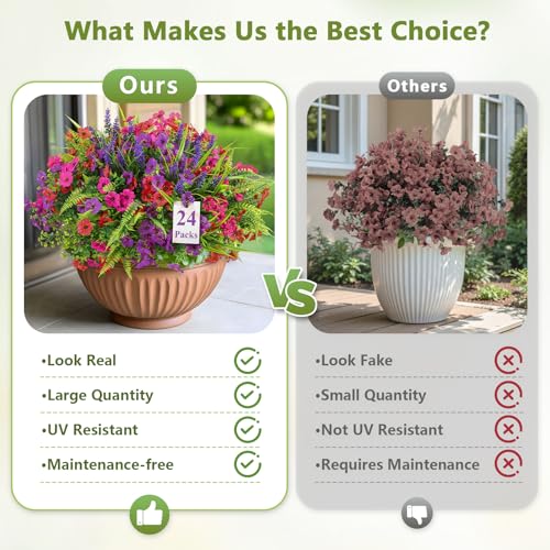 Alupssuc 24 Bundles Artificial Flowers for Outdoors Spring Summer Decoration, UV Resistant Faux Eucalyptus Violet and Lavender Silk Fake Plants for Outside Indoor Yard Home Patio D image 8