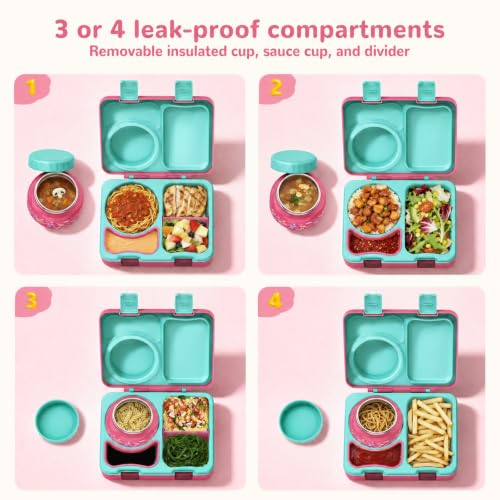 Image of Bento Box for Kids, Leakproof Kids Lunch Box with 8.5OZ Thermo Food Jar & Lunch Bag, 3-4 Compartments Toddler Insulated Lunch Box for Girls, BPA Free Lunch Containers for School Daycare