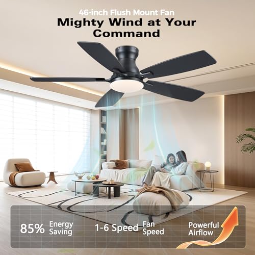Image of JSAITEE Ceiling Fans with Lights Flush Mount - 46 inch Low Profile Ceiling Fan with 5 Dual-Sided Blades and 6 Speeds 3CCT Dimmable, Modern Indoor Fan Light Fixtures for Bedroom, Kitchen, Black