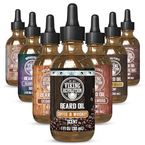 Image of Viking Revolution Coffee Whiskey Beard Oil for Men -Natural Mens Beard Oil with Argan Oil and Jojoba Oil -Beard Softener,Strengthens and Moisturizes- Beard Conditioner for Men(Coffee Whiskey, 1 Pack)