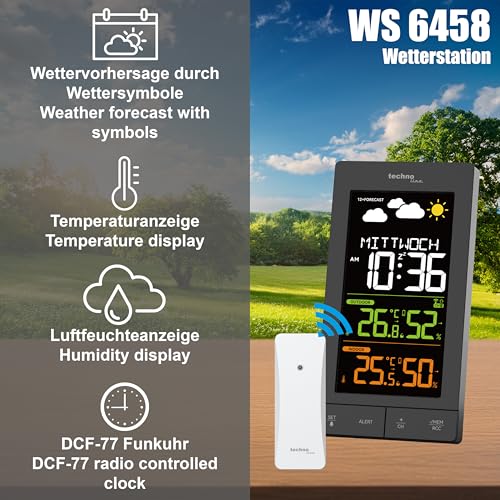 Funk - Wetterstation WS6458 mit Außensender TX308, bis zu 3 Sender anlernbar, Innentemperatur, Außentemperatur, Luftfeuchte innen und außen, Wettertendenzanzeige, dimmbare Anzeige