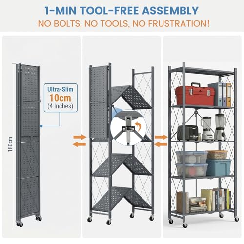 Image of ALANNG 70.7 inch H Metal Storage Shelves, 5 Tier Folding Shelf on Wheels | Heavy Duty, No Assembly, Rolling, Collapsible Rack Unit for Kitchen, Basement, Pantry (Gray,4 Pack)