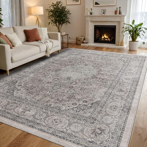 DEXI Area Rugs for Living Room, 8x12 Washable Low Pile Floral Rug for Bedroom, Non Slip Large Indoor Carpet for Dining Office Nursery, Grey