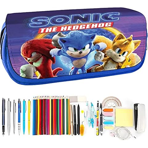 Hilloly Sonic The Hedgehog Pencil Case , Sonic Large Capacity Anime Pen Case Cartoon Pencil Bag Pouch Holder Desk Organizer with Multi Compartments for Student Teen Boy Girl Cover