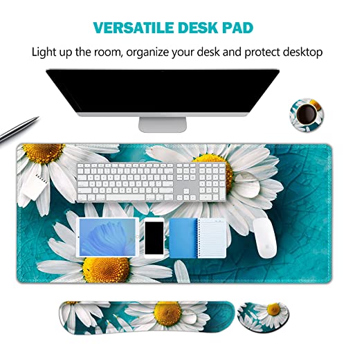 Image of ArtSo Large Gaming Mouse Pad Set, Keyboard Wrist Rest Support + Mouse Wrist Cushion + Extended Mousepad + Coaster, 35x15.5in Multifunctional Desk Mat 4pcs, Cute Daisy