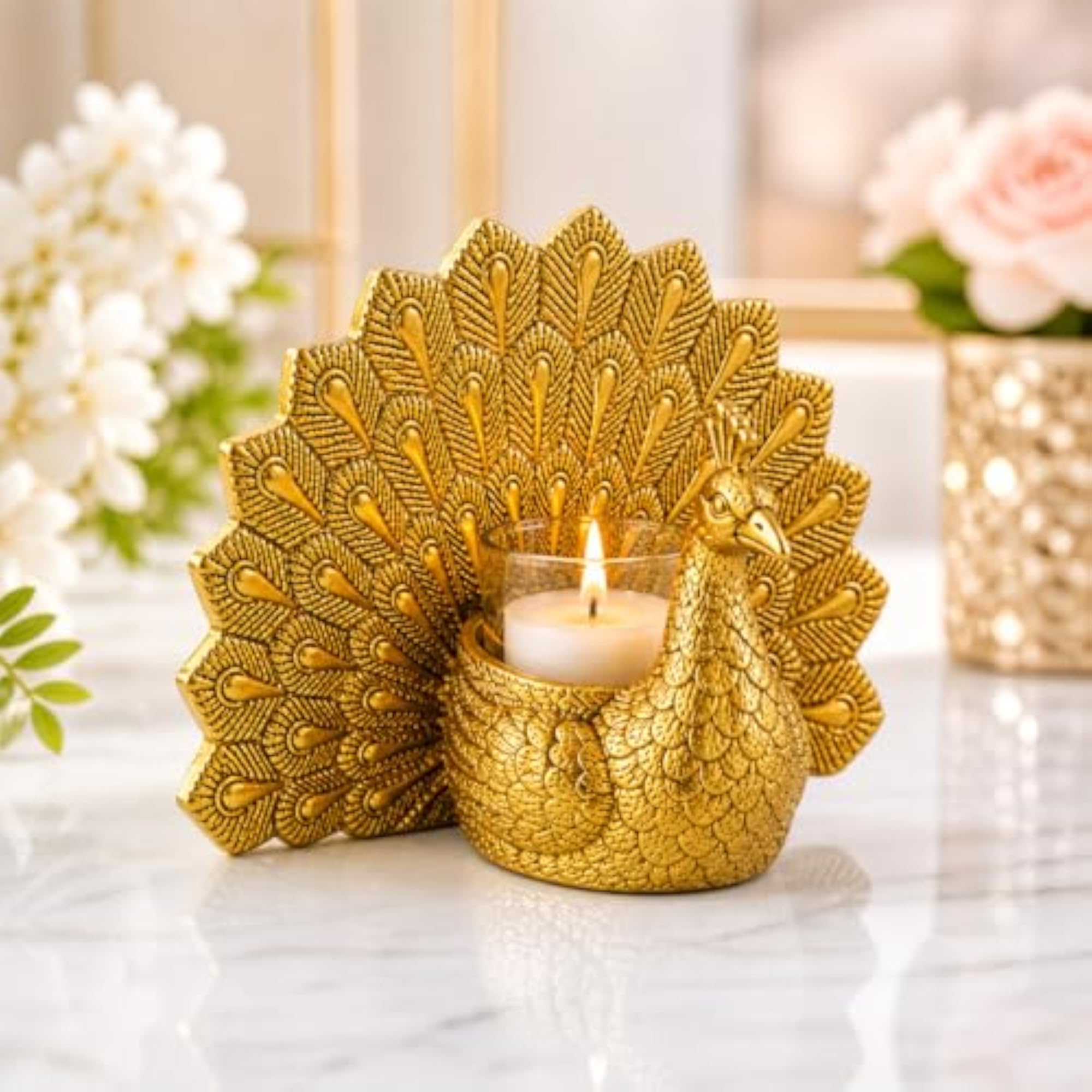 Brass Dancing Peacock Candle Holder with Scented Candles