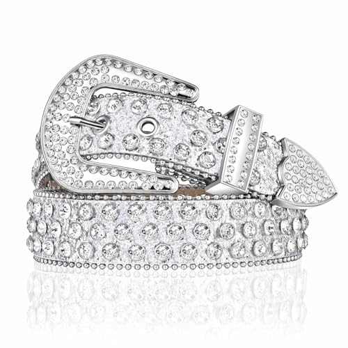 Sueyale Rhinestone Belt for Women Men, Bling Studded Leather Belt BB Belt Western Cowgirl Cowboy Y2K Style Shining Silver Diamond Sequin Waist Belt for Jean Pants Dress, S