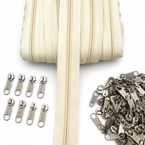 Image of M Fabrics 5 Meters Open Zipper with 10 Steel Zip Puller in Meter for Tailoring, Stitching, Bags and Purse (Open Ended Zip) - (5 Meter Roll + 10 Steel Zips Runner) - (Cream)