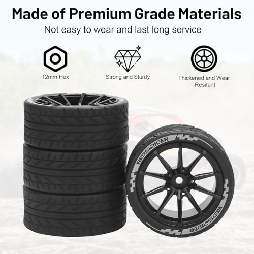 1/10 RC On Road Tires and Aluminum Wheels, daitoku 12mm RC Rally Racing Tires for 1/10 Tamiya TT01 TT02 XV01 TA06 A959 PTG2 HPI KYOSHO PTG2 Traxxas - Style C (Black) by daitoku - Image 4